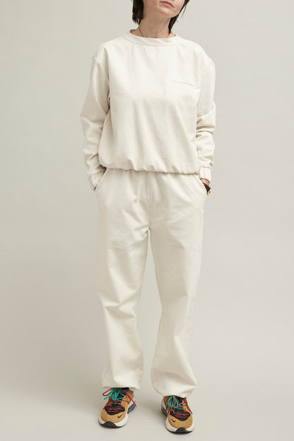Two Piece Set with Sweat Pants and Sweat Blouse | White Pants with Elastic Waist and Matching Top