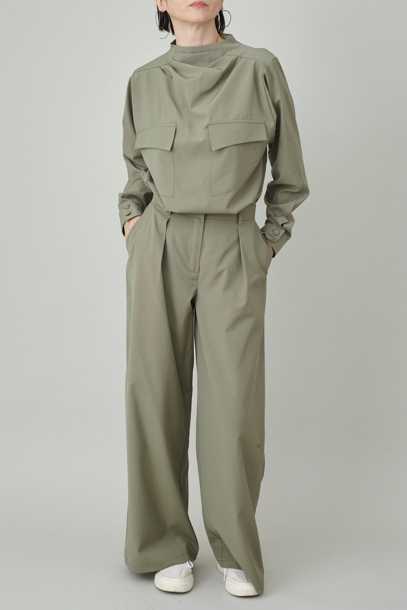 Custom Wool Two Piece Set | Drape Collar Blouse + Wide-Leg Pants | Quiet Luxury Monochrome Suit | Tailored Workwear for Women