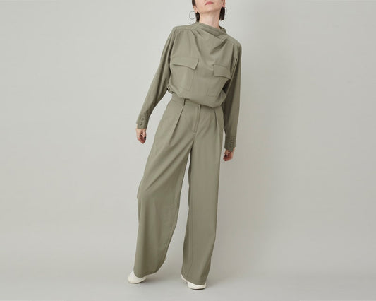 Custom Wool Two Piece Set | Drape Collar Blouse + Wide-Leg Pants | Quiet Luxury Monochrome Suit | Tailored Workwear for Women