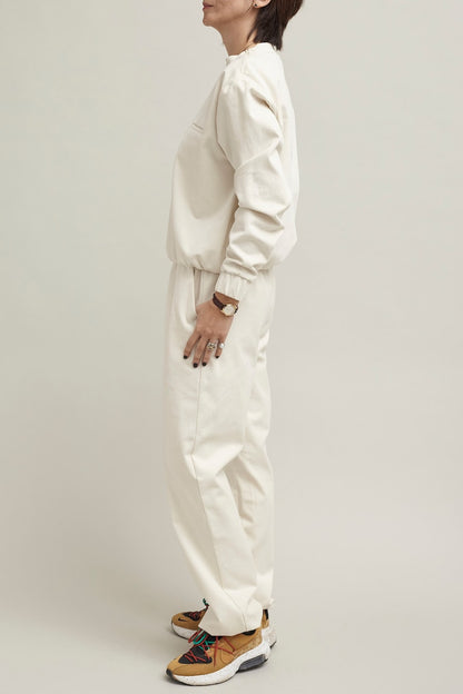 Two Piece Set with Sweat Pants and Sweat Blouse | White Pants with Elastic Waist and Matching Top