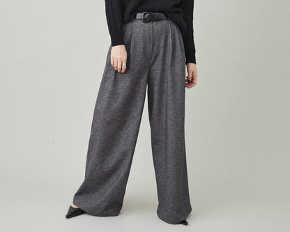 Handmade Wide Leg Pants for Women, Custom Tailored Trousers with High Rise and Pleats, Grey Herringbone Print Soft Cotton Spring Fall Pants