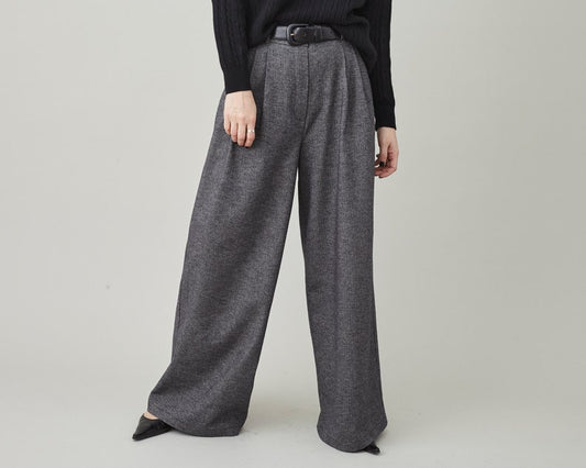 Handmade Wide Leg Pants for Women, Custom Tailored Trousers with High Rise and Pleats, Grey Herringbone Print Soft Cotton Spring Fall Pants