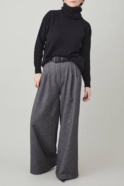 Handmade Wide Leg Pants for Women, Custom Tailored Trousers with High Rise and Pleats, Grey Herringbone Print Soft Cotton Spring Fall Pants