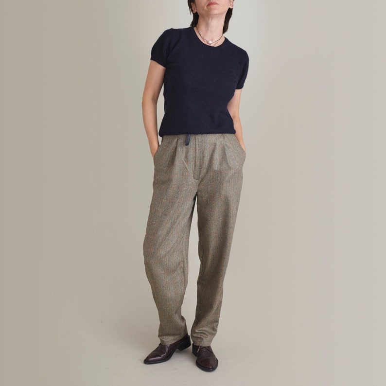 Silk - Wool Pants for Women Size XXS - XXL | Fall, Spring Tailored Trousers with High Waist and Pleats in Herringbone Design FTN1_98WOL_SIL