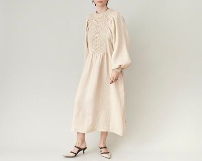 Refined Linen Midi Dress with Broderie Anglaise Yoke – Elegant Long Sleeve Dress with Tie Waist & Pockets | Handmade Natural Linen Dress