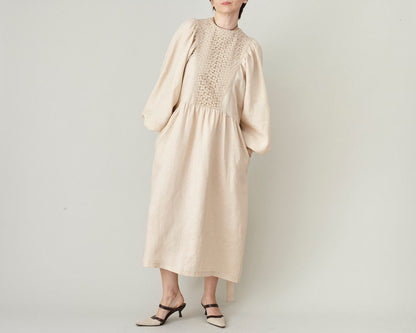 Refined Linen Midi Dress with Broderie Anglaise Yoke – Elegant Long Sleeve Dress with Tie Waist & Pockets | Handmade Natural Linen Dress