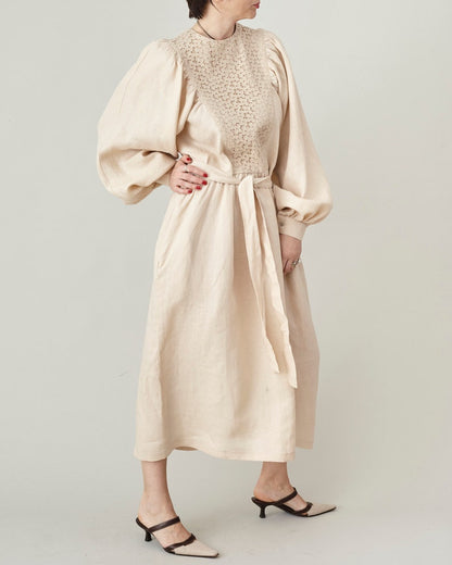 Refined Linen Midi Dress with Broderie Anglaise Yoke – Elegant Long Sleeve Dress with Tie Waist & Pockets | Handmade Natural Linen Dress