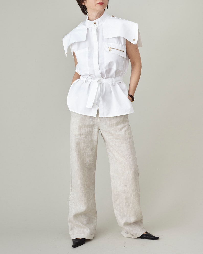 Chic Sleeveless Shirt for Work | Modern Safari Blouse with Tie Waist and Statement Oversized Collar | Elegant Summer Top