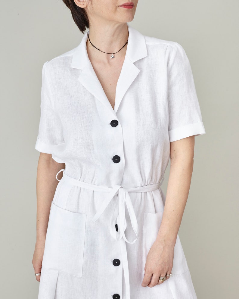 White Linen Maxi Dress for Women, Front Button Summer Dress with Tie Waist and Pockets, more Colors Option