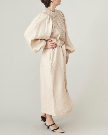 Refined Linen Midi Dress with Broderie Anglaise Yoke – Elegant Long Sleeve Dress with Tie Waist & Pockets | Handmade Natural Linen Dress