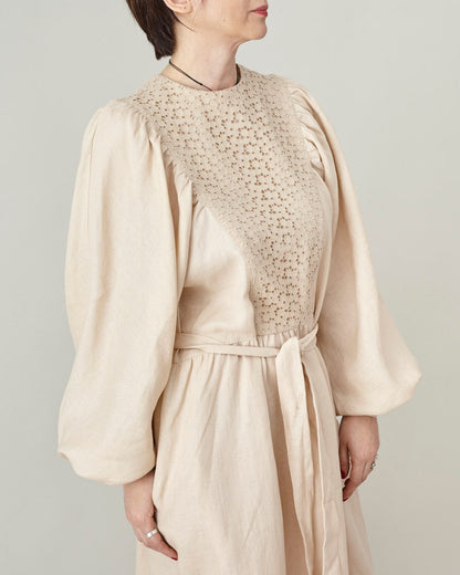 Refined Linen Midi Dress with Broderie Anglaise Yoke – Elegant Long Sleeve Dress with Tie Waist & Pockets | Handmade Natural Linen Dress