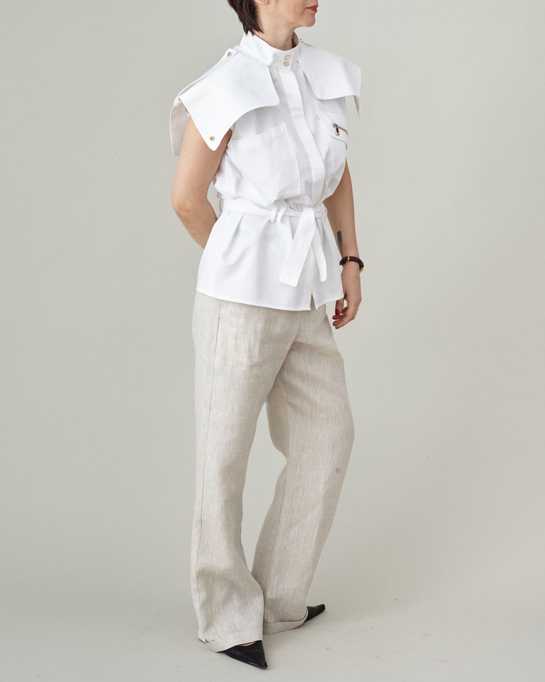 Chic Sleeveless Shirt for Work | Modern Safari Blouse with Tie Waist and Statement Oversized Collar | Elegant Summer Top