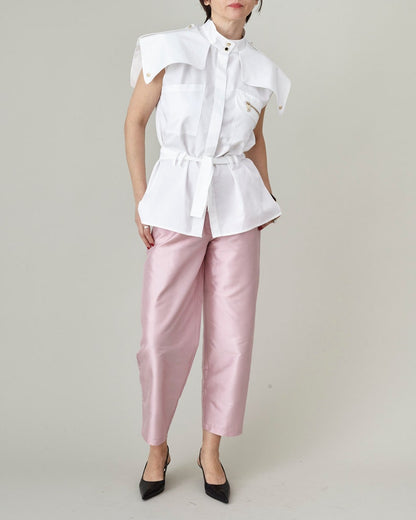 Chic Sleeveless Shirt for Work | Modern Safari Blouse with Tie Waist and Statement Oversized Collar | Elegant Summer Top