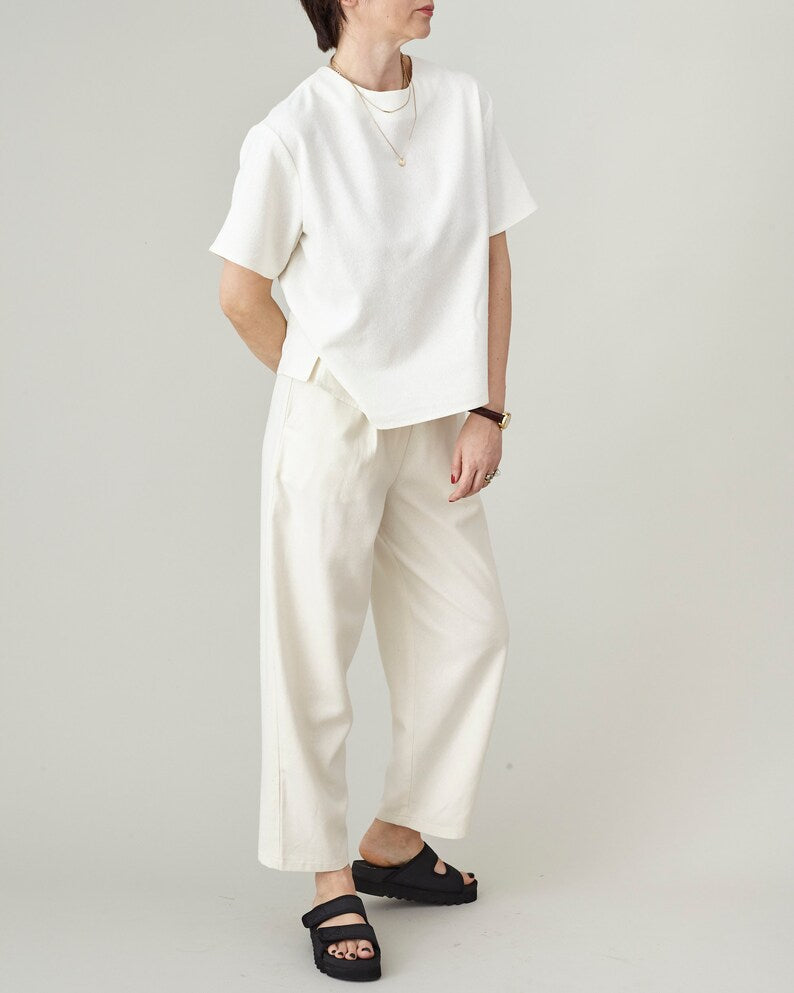 100% Silk White Pants for Women, Breezy Summer Trousers, Cropped Tapered Design with Pleated High Waist, Custom Size & Length