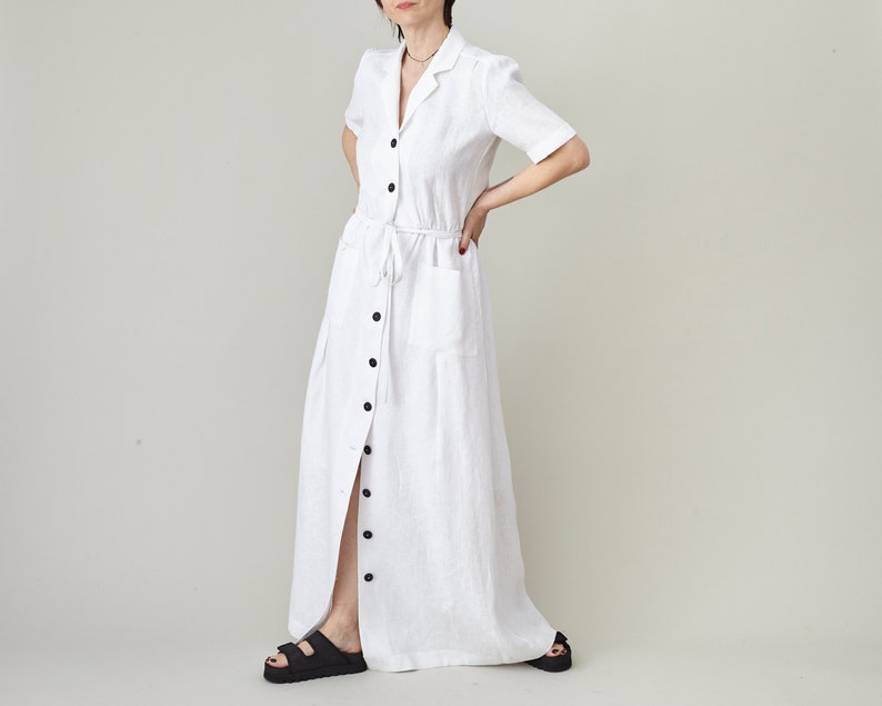 White Linen Maxi Dress for Women, Front Button Summer Dress with Tie Waist and Pockets, more Colors Option