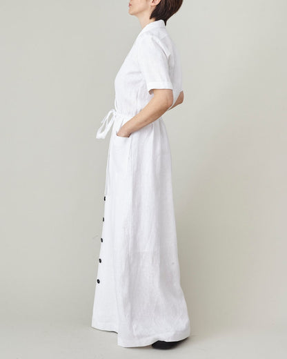 White Linen Maxi Dress for Women, Front Button Summer Dress with Tie Waist and Pockets, more Colors Option