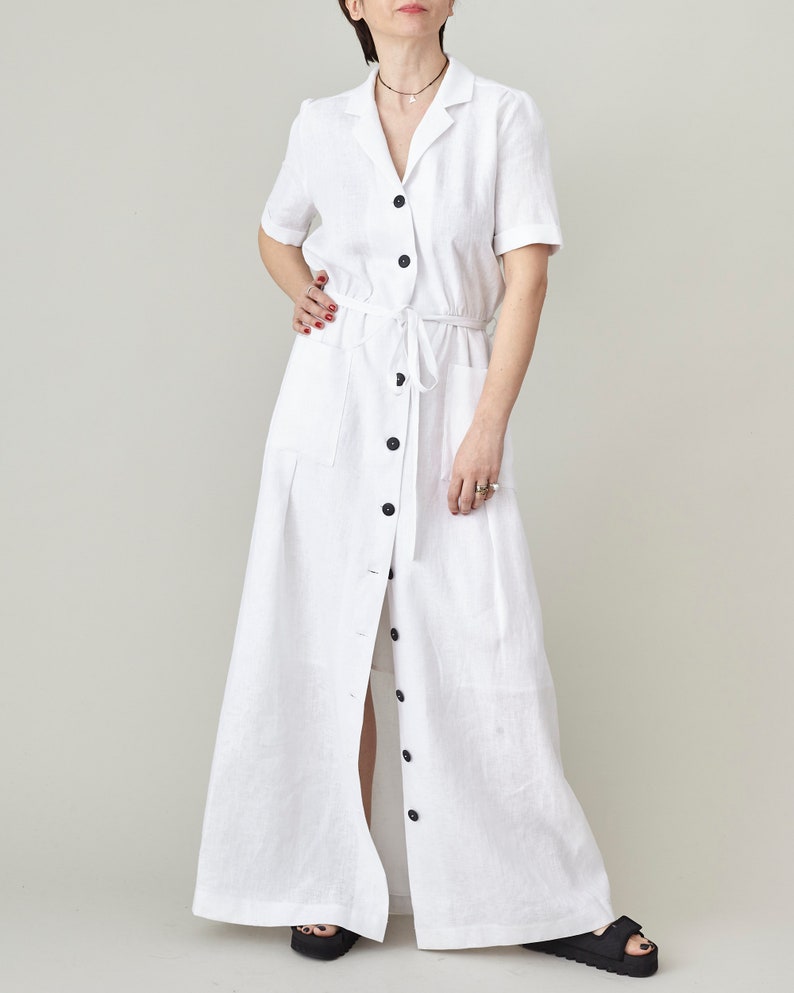 White Linen Maxi Dress for Women, Front Button Summer Dress with Tie Waist and Pockets, more Colors Option