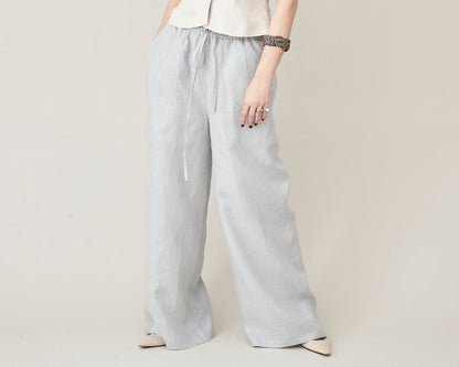 Women's Wide Leg Linen Trousers with Drawstring, Elastic Waist - High-Rise, Baggy, Loose-Fitting Palazzo Pants for Summer, Multiple Colors