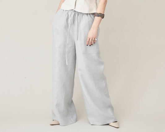 Women's Wide Leg Linen Trousers with Drawstring, Elastic Waist - High-Rise, Baggy, Loose-Fitting Palazzo Pants for Summer, Multiple Colors