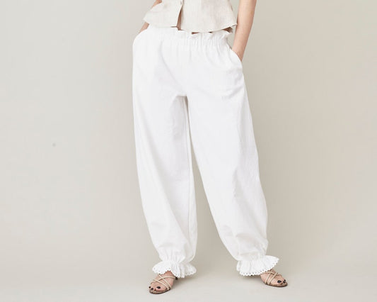 White Bloomers with Ruffled Hem, Elastic Waist, Poufy Pants Cottage Core Flair Bottoms with a Feminine Playful Design, Great for Spring