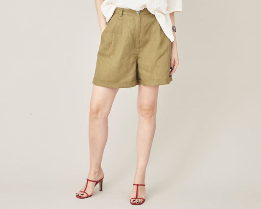 Olive Linen Shorts for Women Size XXS - XXL | High Waisted, Pleated Linen Short Pants | Casual Bermudas
