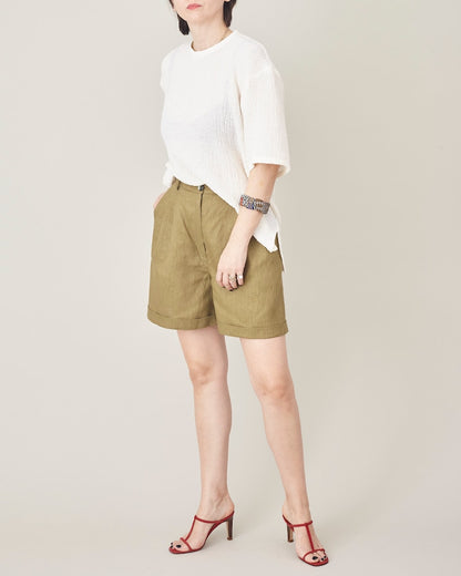 Olive Linen Shorts for Women Size XXS - XXL | High Waisted, Pleated Linen Short Pants | Casual Bermudas
