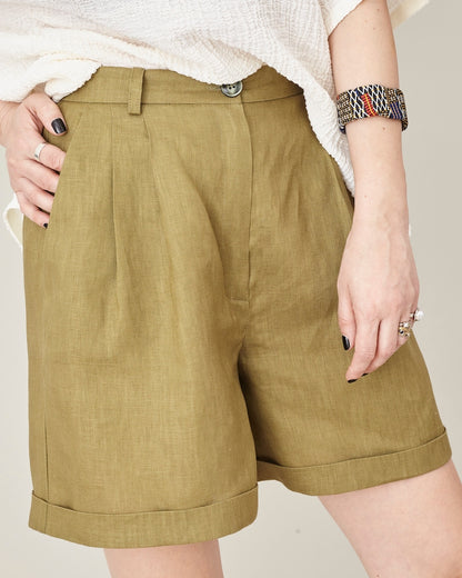 Olive Linen Shorts for Women Size XXS - XXL | High Waisted, Pleated Linen Short Pants | Casual Bermudas