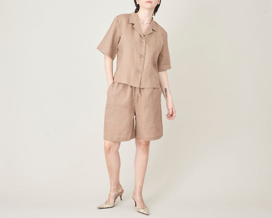 Handmade 100% Linen 2-Piece Set for Women - Short Sleeve Blouse & Pull-String Bermuda Shorts - Casual Chic Summer Outfit, More Color Option