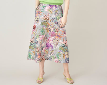 Linen Midi Skirt, Colorful Floral Print Summer Skirt, High Waist Linen Skirt with Pockets, Lightweight Vacation Skirt FTN74_111LIN