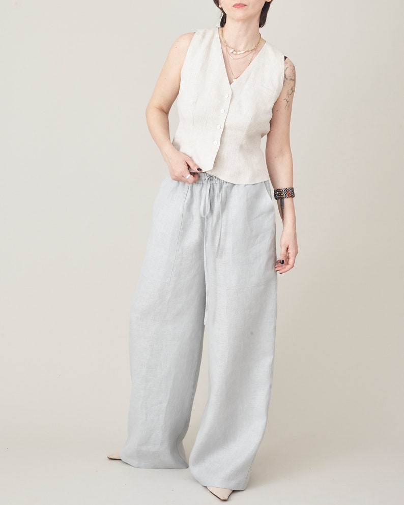 Women's Wide Leg Linen Trousers with Drawstring, Elastic Waist - High-Rise, Baggy, Loose-Fitting Palazzo Pants for Summer, Multiple Colors