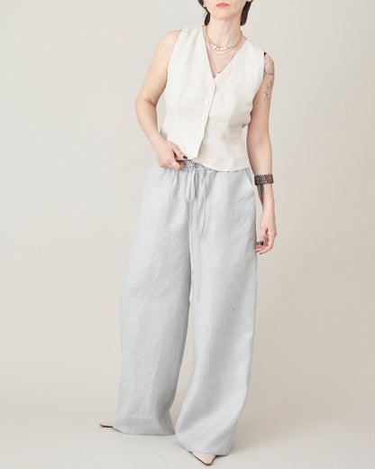 Women's Wide Leg Linen Trousers with Drawstring, Elastic Waist - High-Rise, Baggy, Loose-Fitting Palazzo Pants for Summer, Multiple Colors
