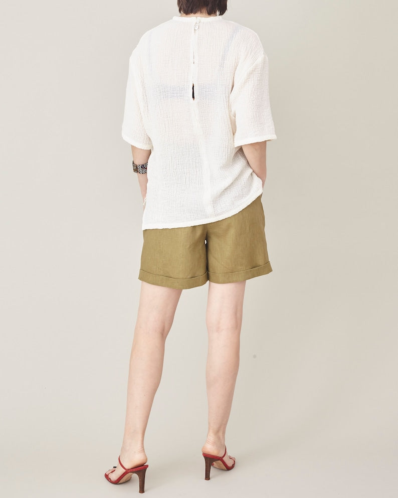 Olive Linen Shorts for Women Size XXS - XXL | High Waisted, Pleated Linen Short Pants | Casual Bermudas