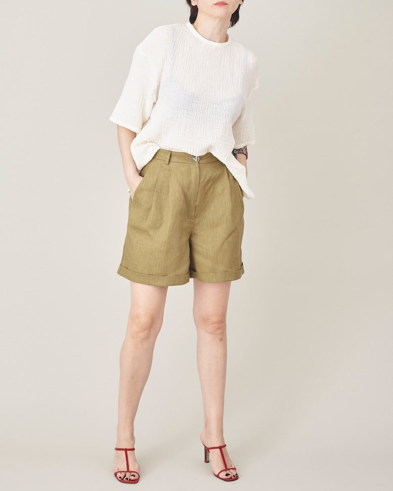 Olive Linen Shorts for Women Size XXS - XXL | High Waisted, Pleated Linen Short Pants | Casual Bermudas