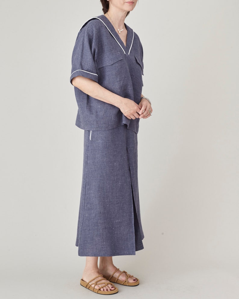 Coastal Linen 2 Piece Set for Women – Sailor Collar Blouse & Wide-Leg Culottes – 100% Linen Matching Set – Summer Outfit Custom