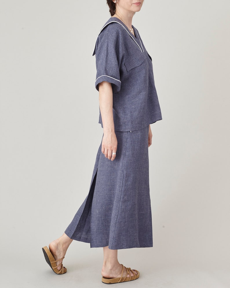 Coastal Linen 2 Piece Set for Women – Sailor Collar Blouse & Wide-Leg Culottes – 100% Linen Matching Set – Summer Outfit Custom