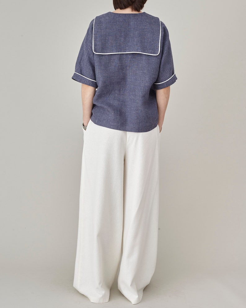Coastal Linen 2 Piece Set for Women – Sailor Collar Blouse & Wide-Leg Culottes – 100% Linen Matching Set – Summer Outfit Custom