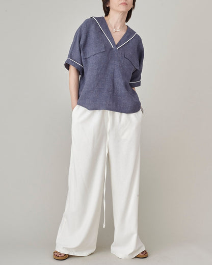 Coastal Linen 2 Piece Set for Women – Sailor Collar Blouse & Wide-Leg Culottes – 100% Linen Matching Set – Summer Outfit Custom