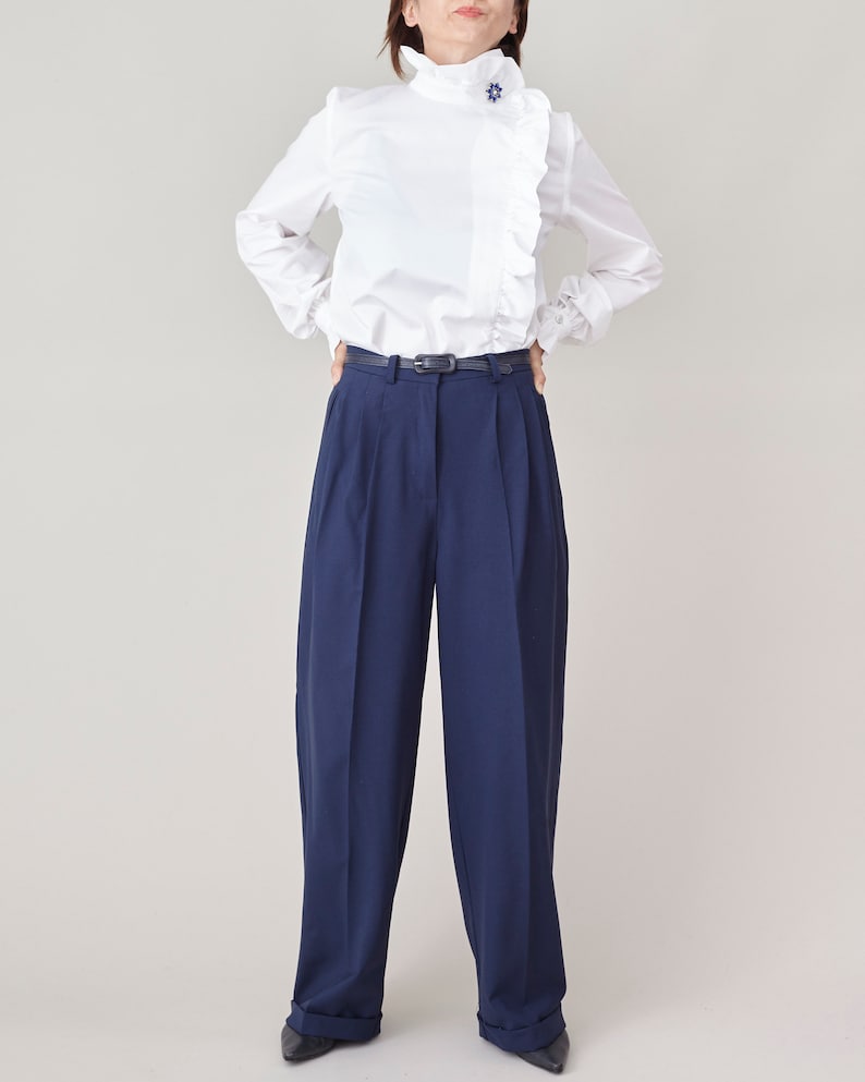 Handmade White Cotton Shirt with Ruffled Collar and Cuffs, Elegant, Festive Blouse w Rhinestone Embellishments, Fancy Office Top FTN50_71COT