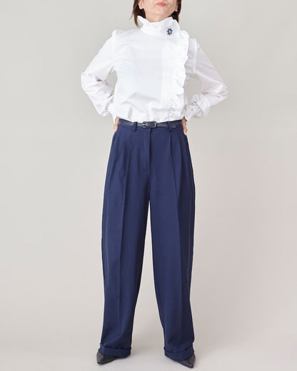 Handmade White Cotton Shirt with Ruffled Collar and Cuffs, Elegant, Festive Blouse w Rhinestone Embellishments, Fancy Office Top FTN50_71COT