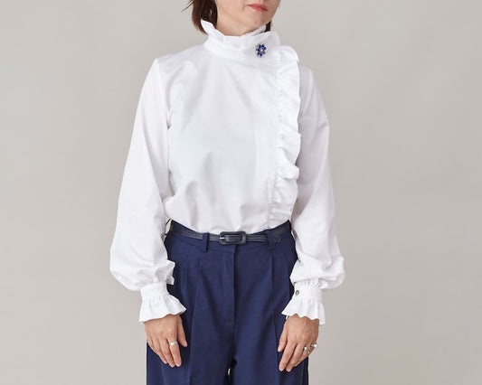 Handmade White Cotton Shirt with Ruffled Collar and Cuffs, Elegant, Festive Blouse w Rhinestone Embellishments, Fancy Office Top FTN50_71COT
