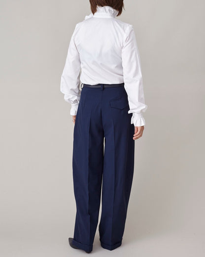 Handmade White Cotton Shirt with Ruffled Collar and Cuffs, Elegant, Festive Blouse w Rhinestone Embellishments, Fancy Office Top FTN50_71COT