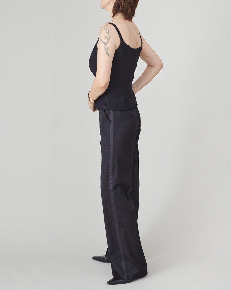 Black Wool Tuxedo Pants – Women’s Straight Leg Trousers with 100% Silk Side Stripe, Custom Size Wedding Guest Pants Outfit