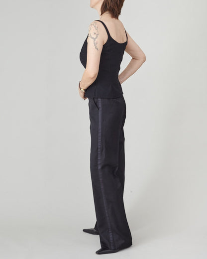Black Wool Tuxedo Pants – Women’s Straight Leg Trousers with 100% Silk Side Stripe, Custom Size Wedding Guest Pants Outfit