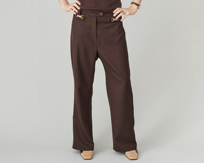 Brown 100% Wool Pants for Women, Mid Rise, Flared Design with Front Pockets and Golden Metallic Detail, 70's Style Chic Effortless Style