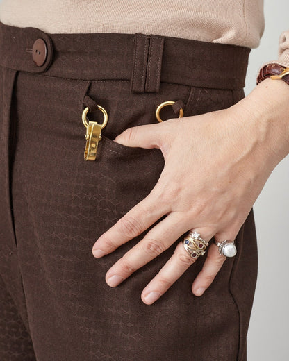Brown 100% Wool Pants for Women, Mid Rise, Flared Design with Front Pockets and Golden Metallic Detail, 70's Style Chic Effortless Style