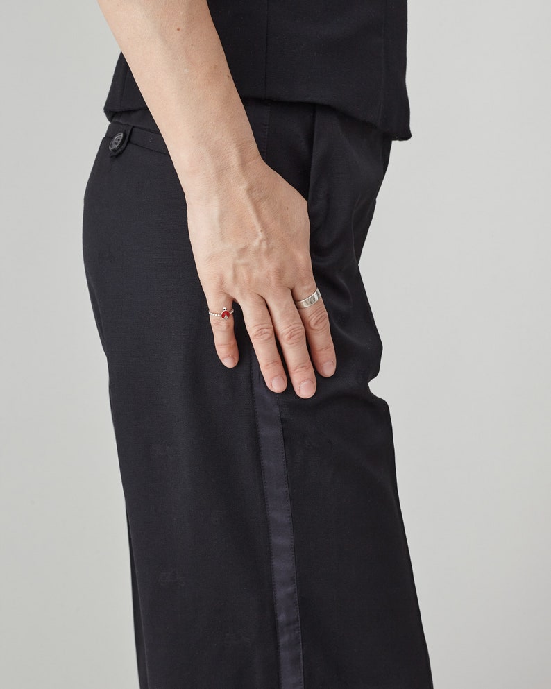 Black Wool Tuxedo Pants – Women’s Straight Leg Trousers with 100% Silk Side Stripe, Custom Size Wedding Guest Pants Outfit