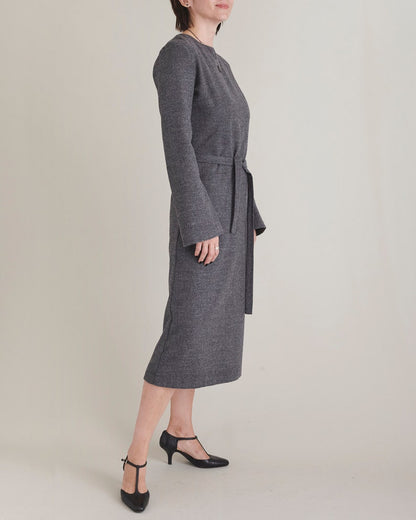 Handmade 100% Wool Midi Dress for Women, Minimalist Long Sleeve, French Darts, Tie Waist Grey Flannel Dress w Pockets for Winter FTN60_92WOL