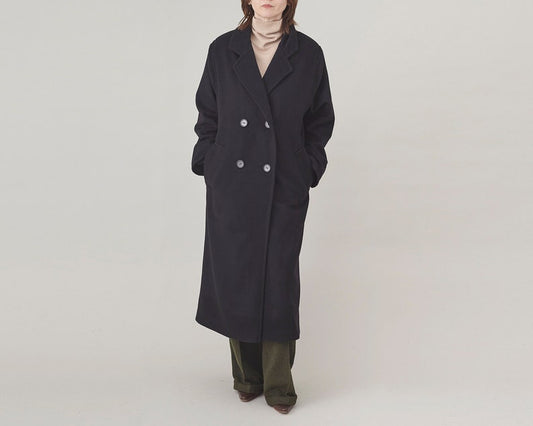 Handmade 100% Cashmere Overcoat for Women - Black Long Winter Coat, Double-Breasted, Oversized Straight Cut and Chic Modern Design FTN82