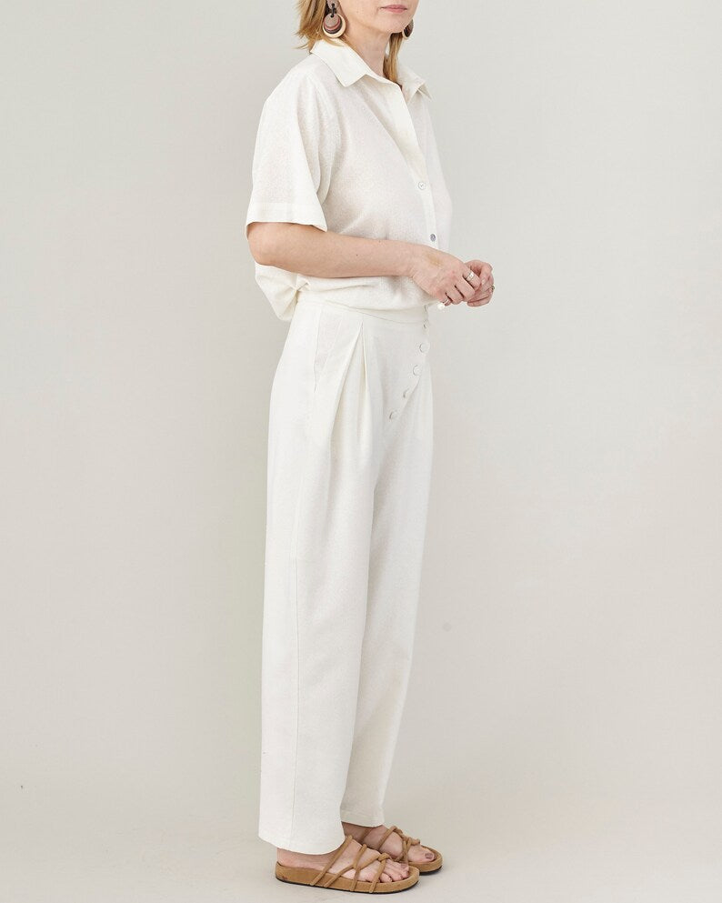 100% Silk Short Sleeve Blouse for Women – Off-White Sheer Summer Top, Minimalist Relaxed Fit Shirt, Straight Cut in Natural Silk