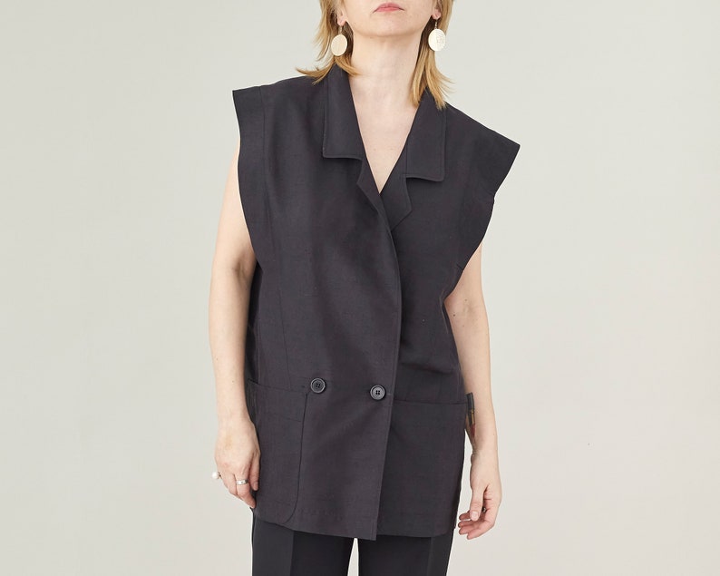 Handmade 100% Silk Blazer for Women, Strong Shoulders, Black Sleeveless Blazer for Parties and Formal Events